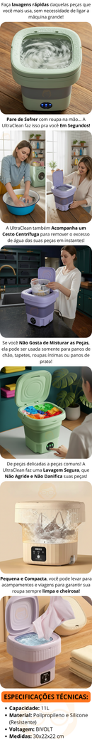 UltraClean - Mini Máquina de Lavar Elétrica Portátil Com Cesto Centrífuga - Entrega Grátis